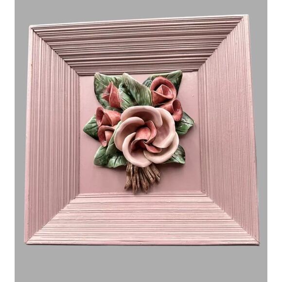 VTG Set/ 2 Porcelain Pink Rose Bouquet 3D Art Shadow Box Wood Framed - Rare Find - Picture 3 of 15